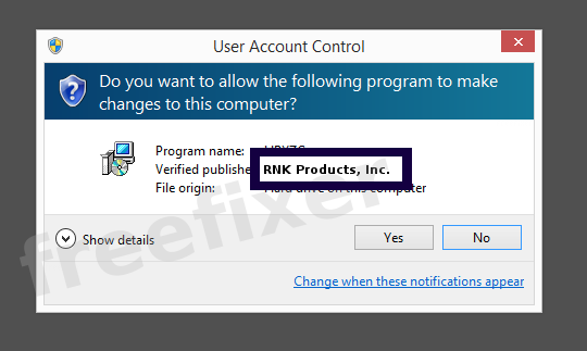Screenshot where RNK Products, Inc. appears as the verified publisher in the UAC dialog